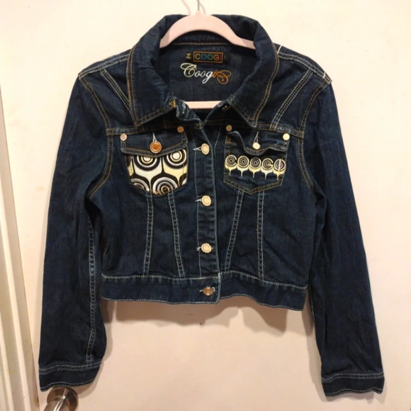 Coogi Heavily Embroidered Cropped Denim Jacket Juniors Girl's Sz L-Y2K Casual - Picture 1 of 10